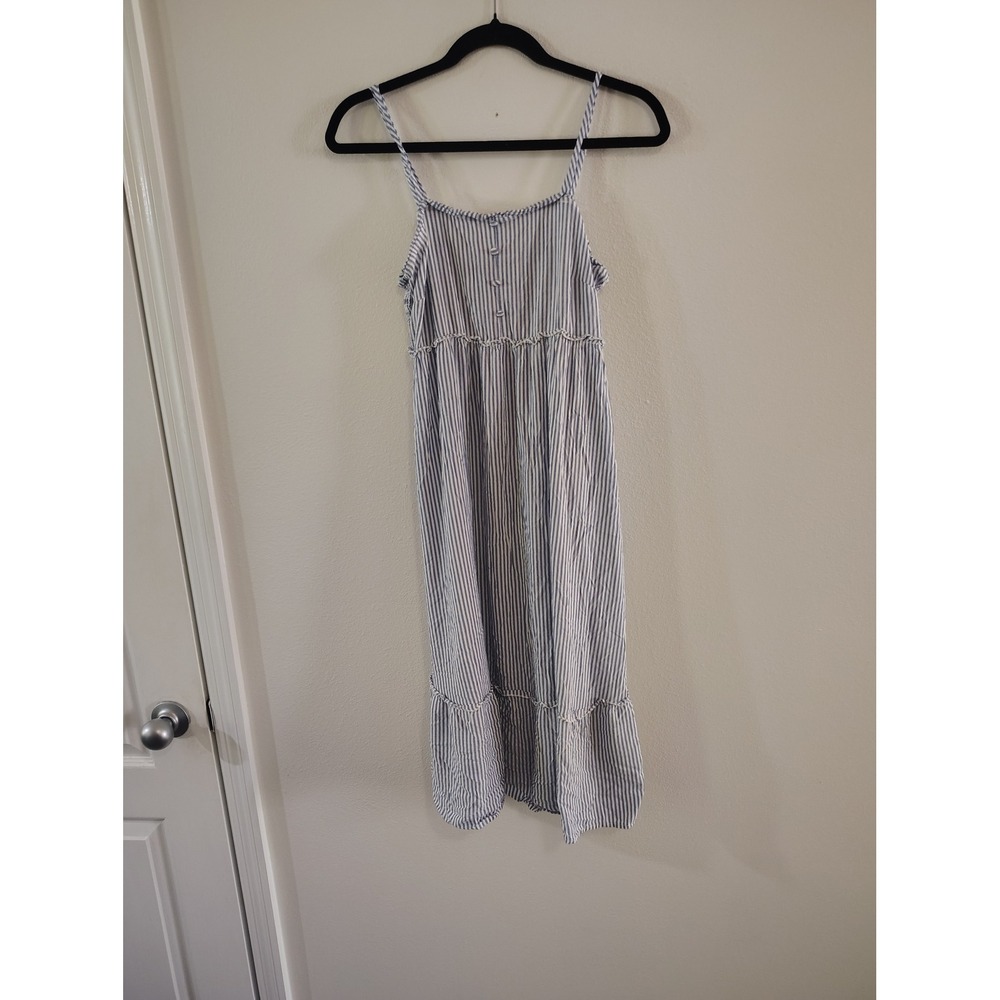 Love Delirious Maternity Blue White Striped Tiered‎ Midi Dress Smocked Back